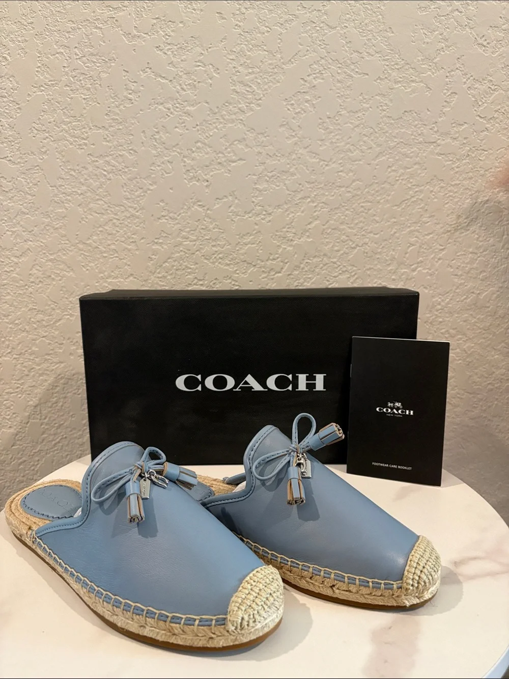 NWT Coach size 6 Women’s Light Blue Leather Espadrille Mules with Tassels